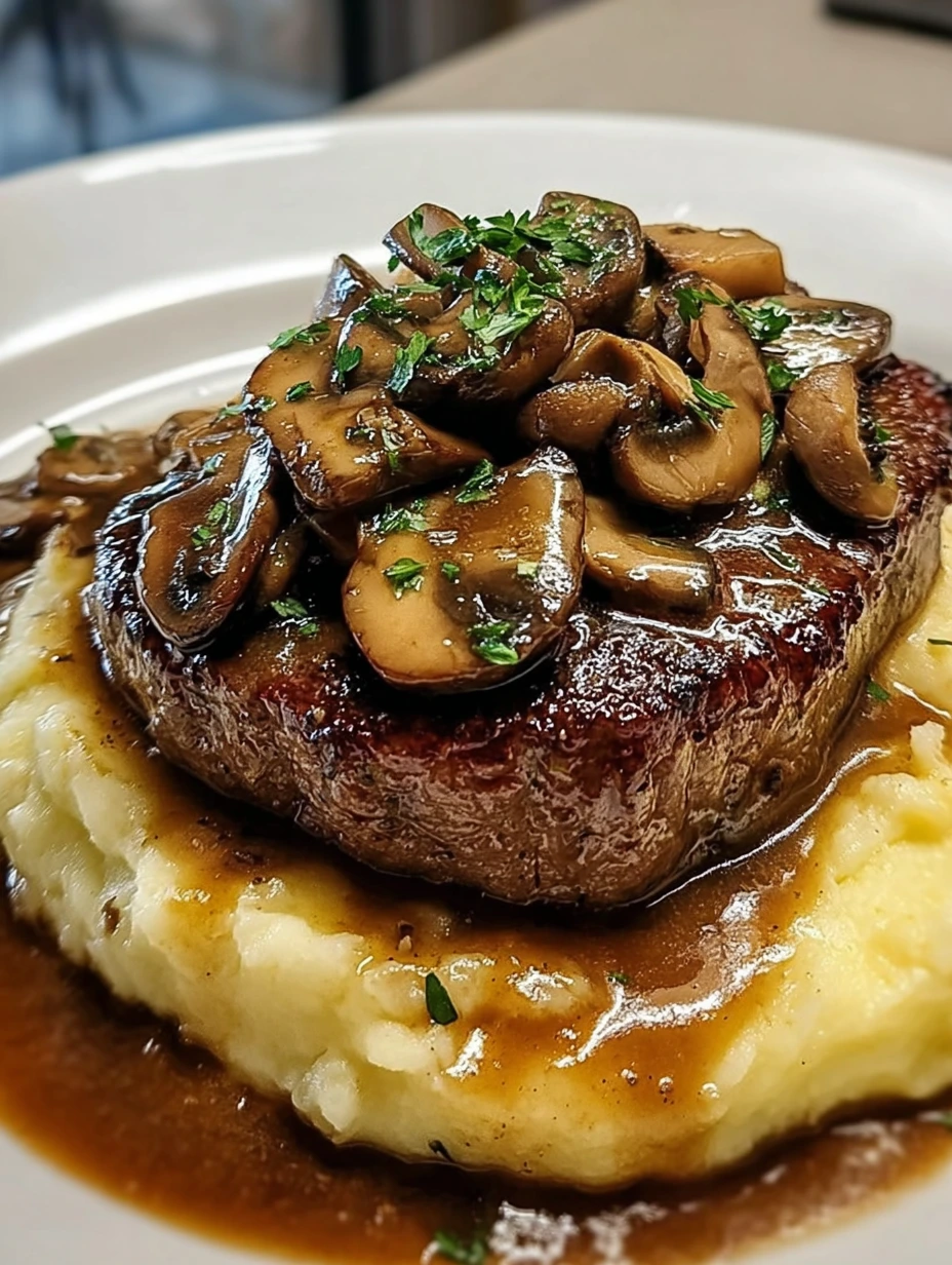 Garlic Steak & Mushroom Gravy over Cheesy Mash