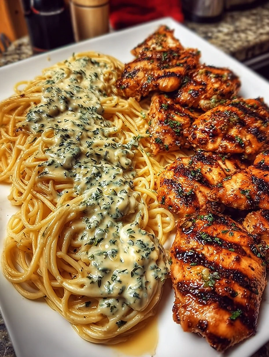 Grilled Herb Chicken with Creamy Spinach Alfredo Pasta
