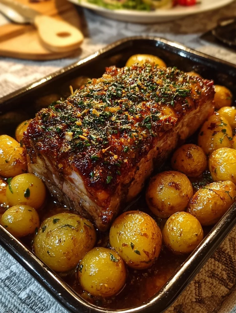 Herb-Crusted Pork Roast with Garlic Baby Potatoes