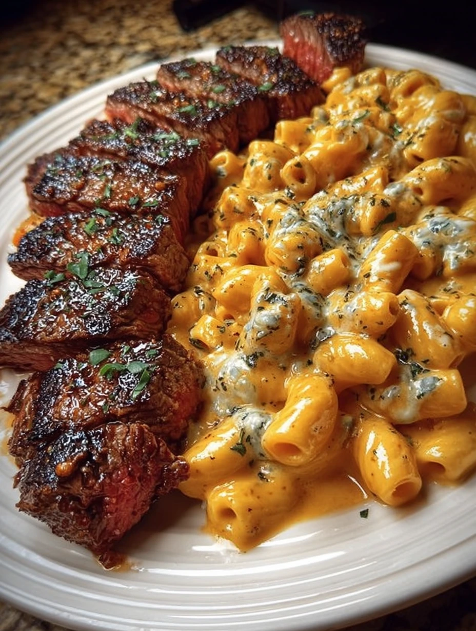 Garlic Butter Steak Bites with Creamy Herb Rigatoni