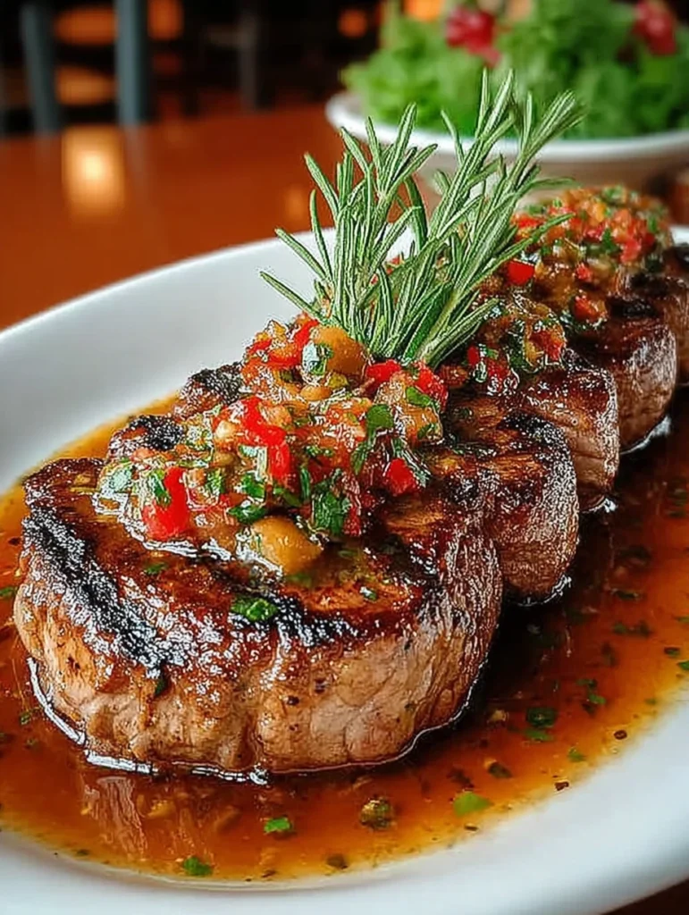 Garlic Rosemary Steak with Red Pepper Herb Sauce