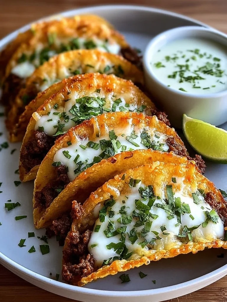 Crispy Cheesy Beef Tacos with Creamy Lime Sauce