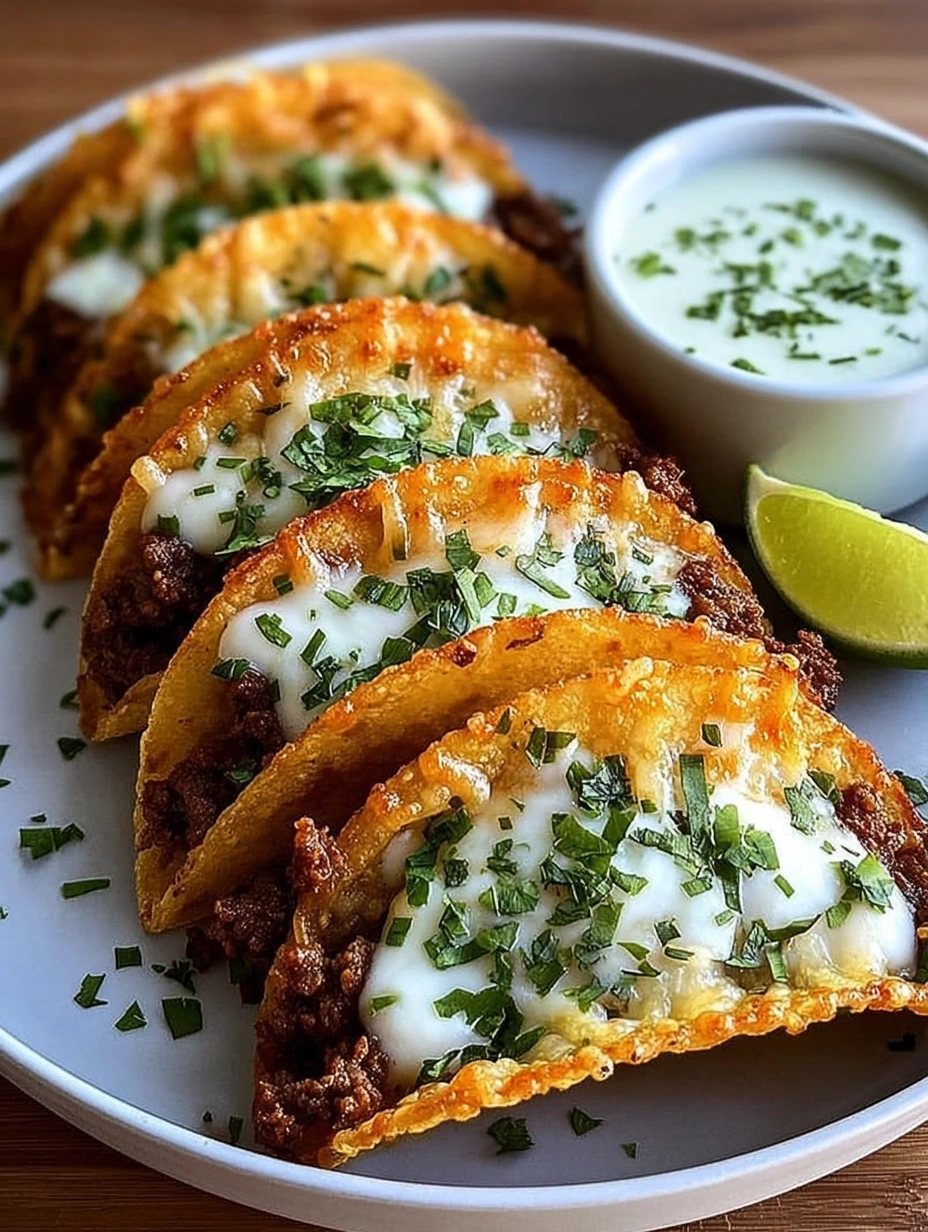 Crispy Cheesy Beef Tacos with Creamy Lime Sauce