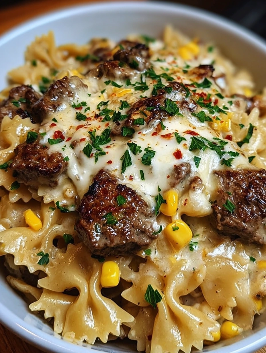 Cheesy Beef & Corn Bowtie Pasta Bake