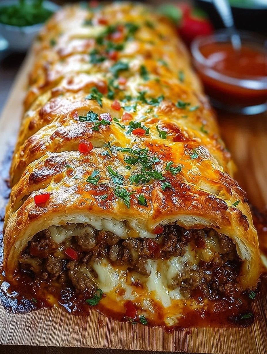 Golden Beef & Cheese Stuffed Puff Pastry Loaf