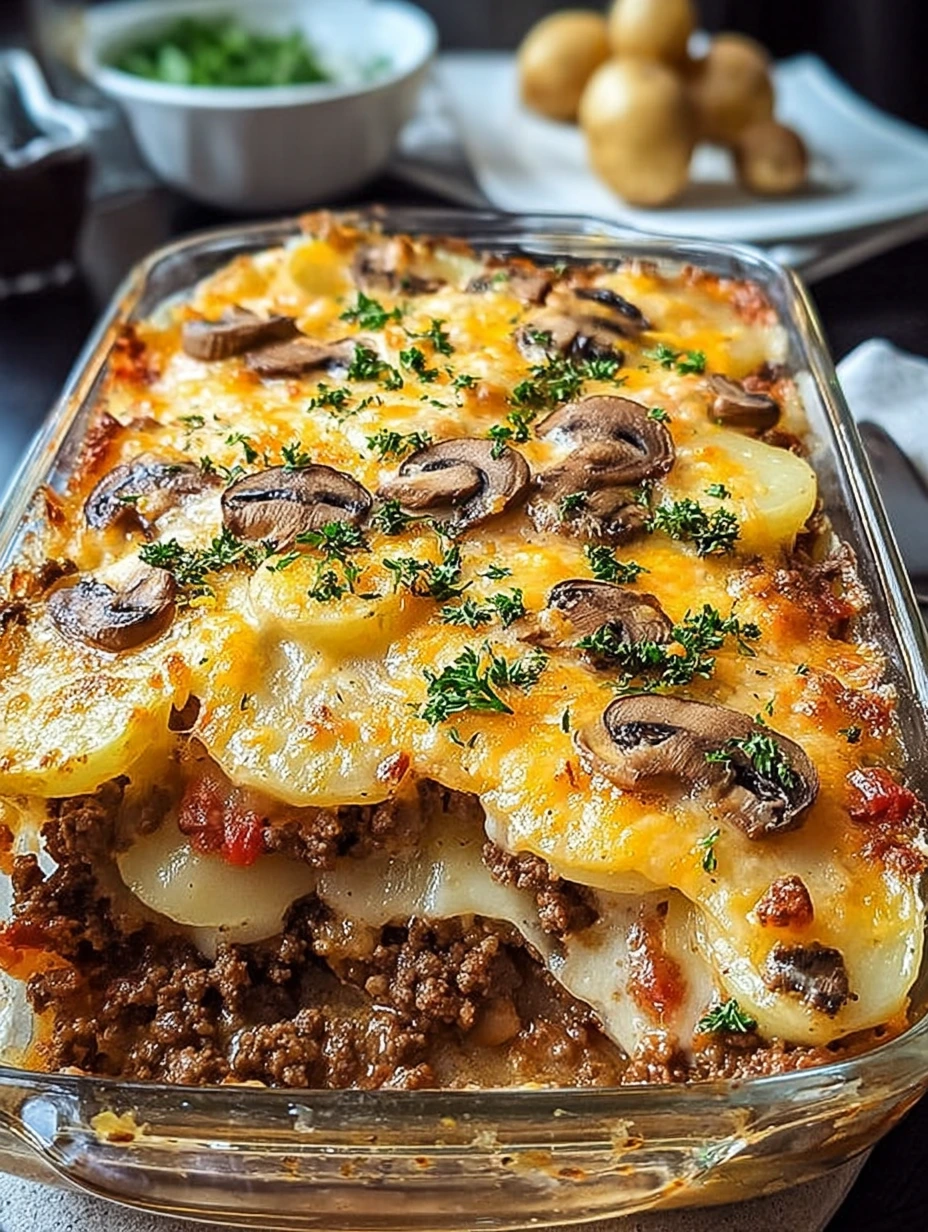 Cheesy Beef & Potato Bake with Mushrooms