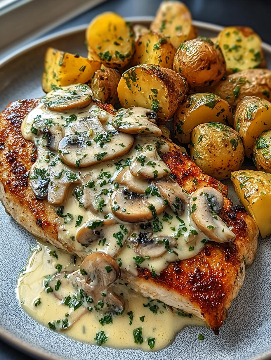Creamy Mushroom Chicken with Herb-Roasted Potatoes