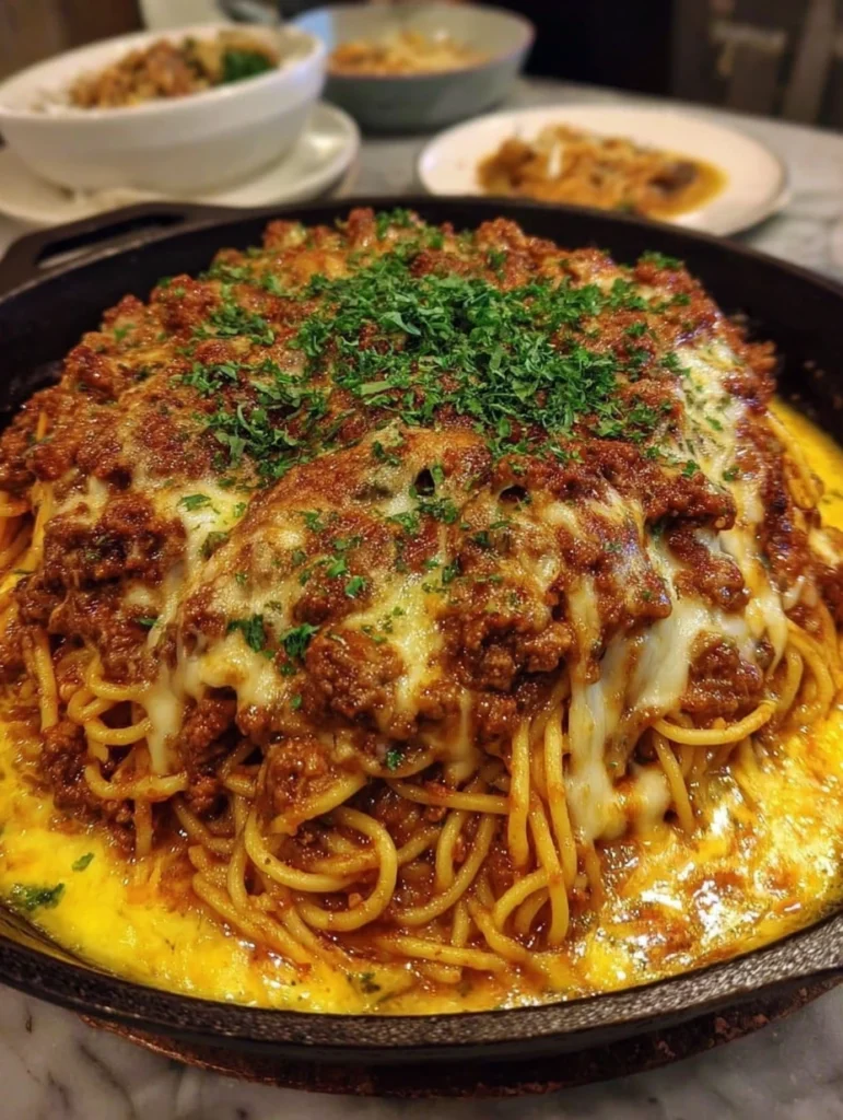 Cheesy Baked Spaghetti with Meat Sauce