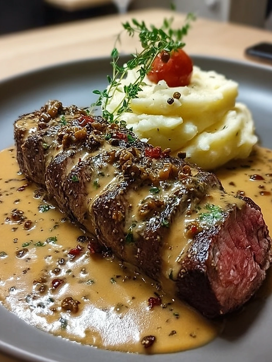Peppercorn Steak with Brandy Cream & Garlic Mash