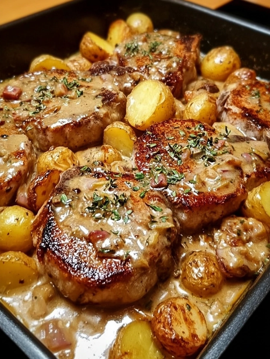 Creamy Garlic Pork Chops with Baby Potatoes
