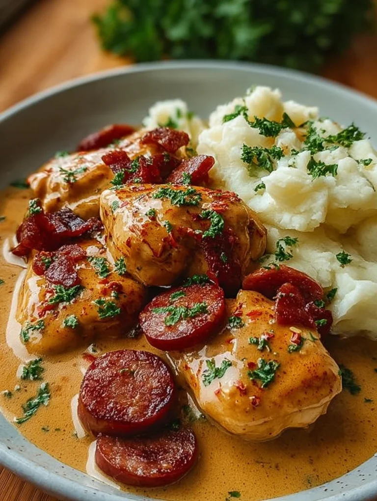 Creamy Chicken with Smoked Sausage & Mashed Potatoes