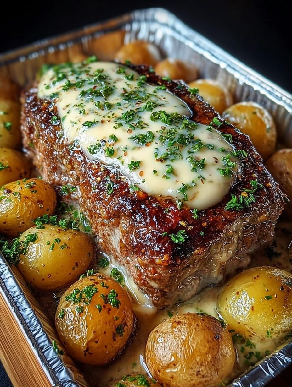 Creamy Cheese-Stuffed Meatloaf with Baby Potatoes