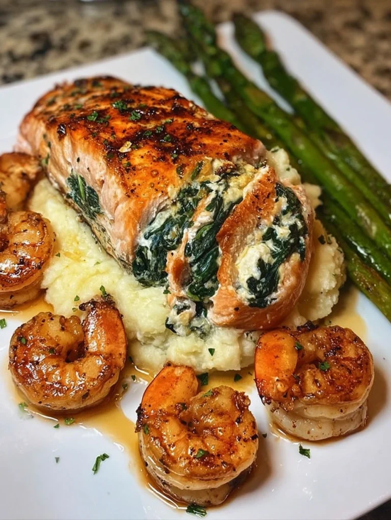 Spinach & Shrimp Stuffed Salmon with Garlic Butter Shrimp