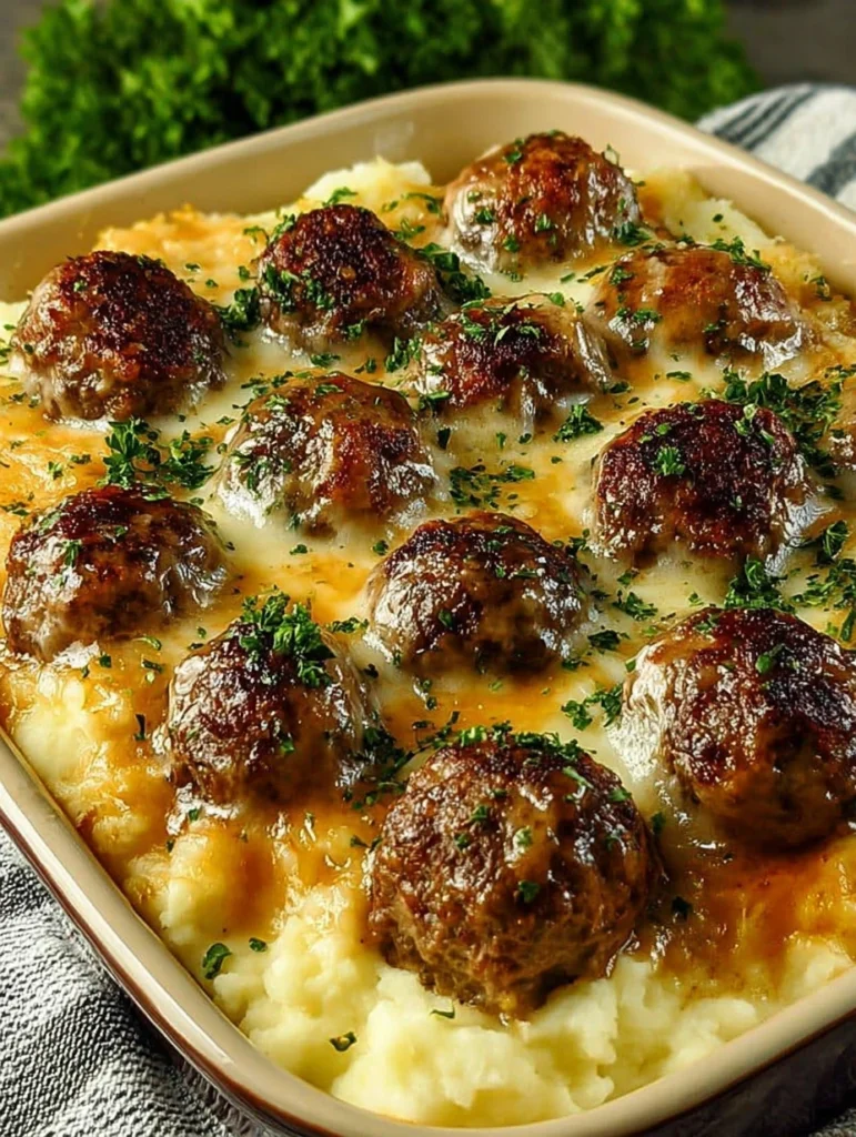 Creamy Baked Beef Meatballs over Mashed Potatoes