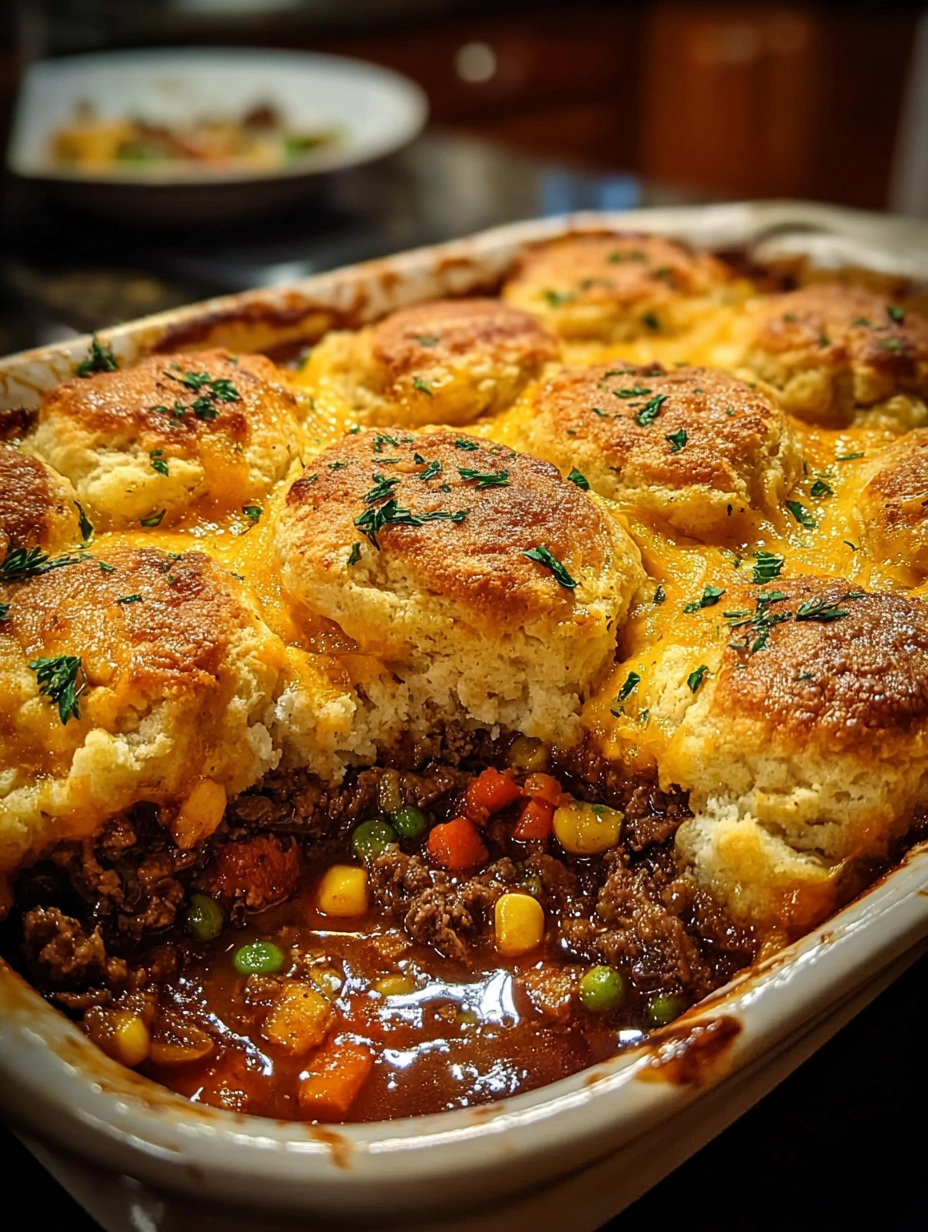 Cheddar Biscuit Beef Pot Pie Bake