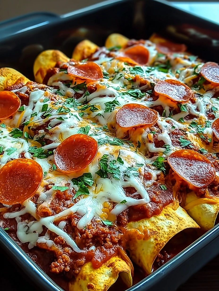 Cheesy Pepperoni & Beef Pizza Enchiladas