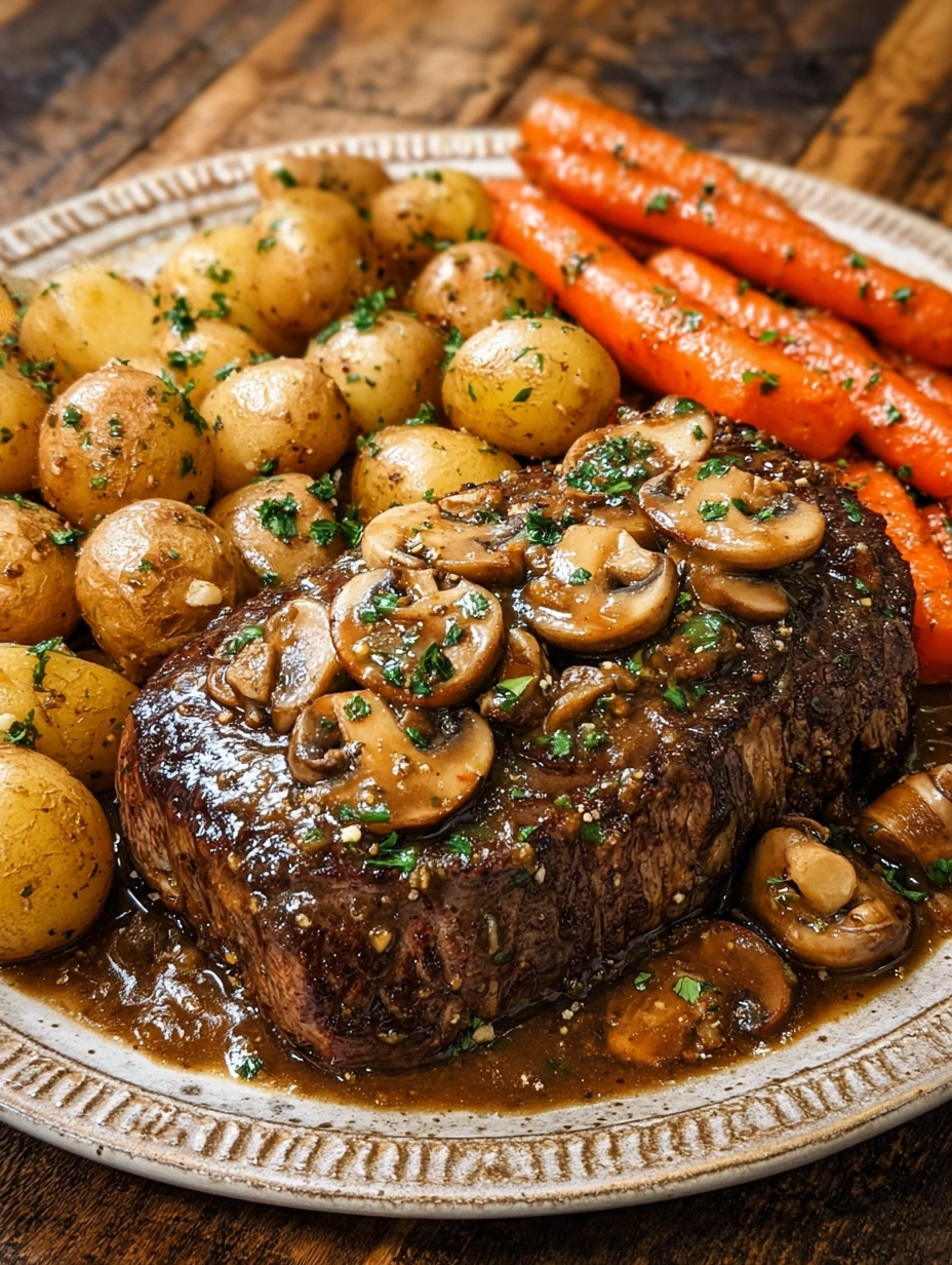 Garlic Mushroom Steak with Roasted Potatoes & Carrots