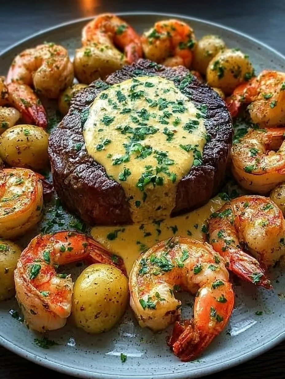 Creamy Garlic Butter Steak & Shrimp with Baby Potatoes