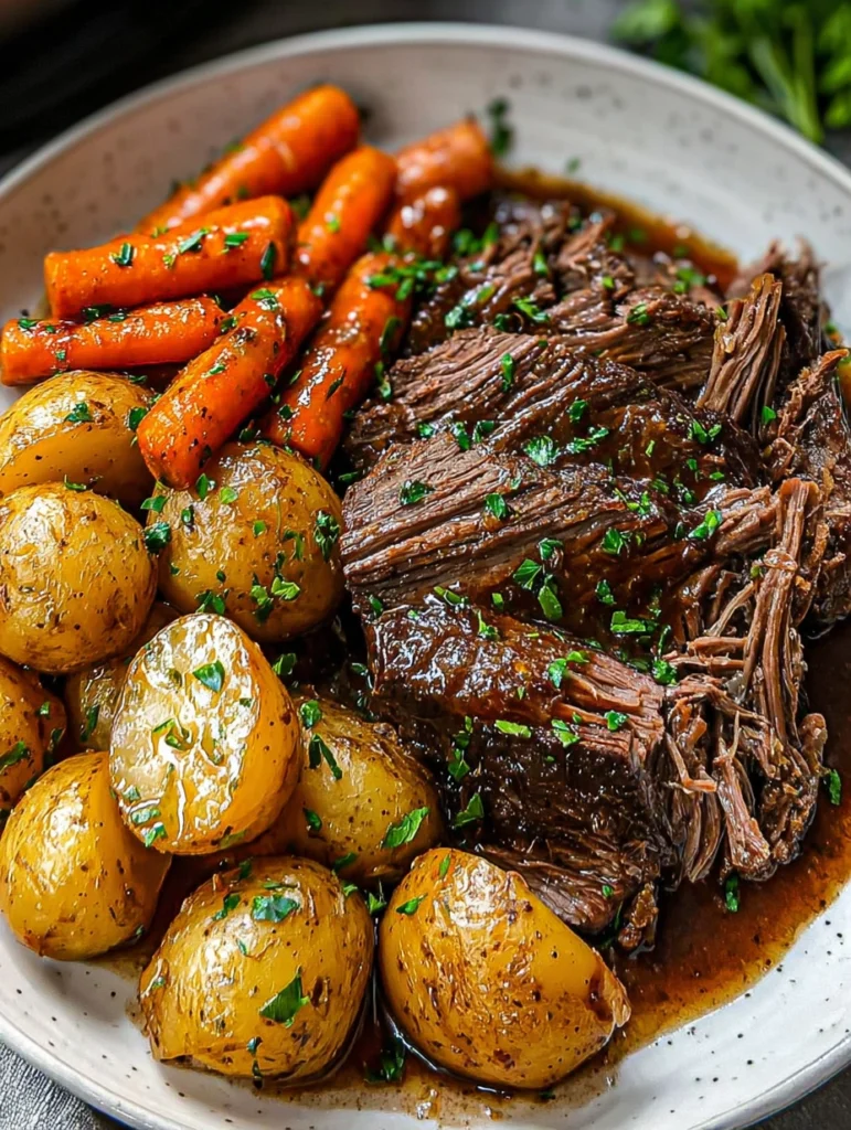 Slow-Braised Beef Pot Roast with Herb Potatoes & Carrots