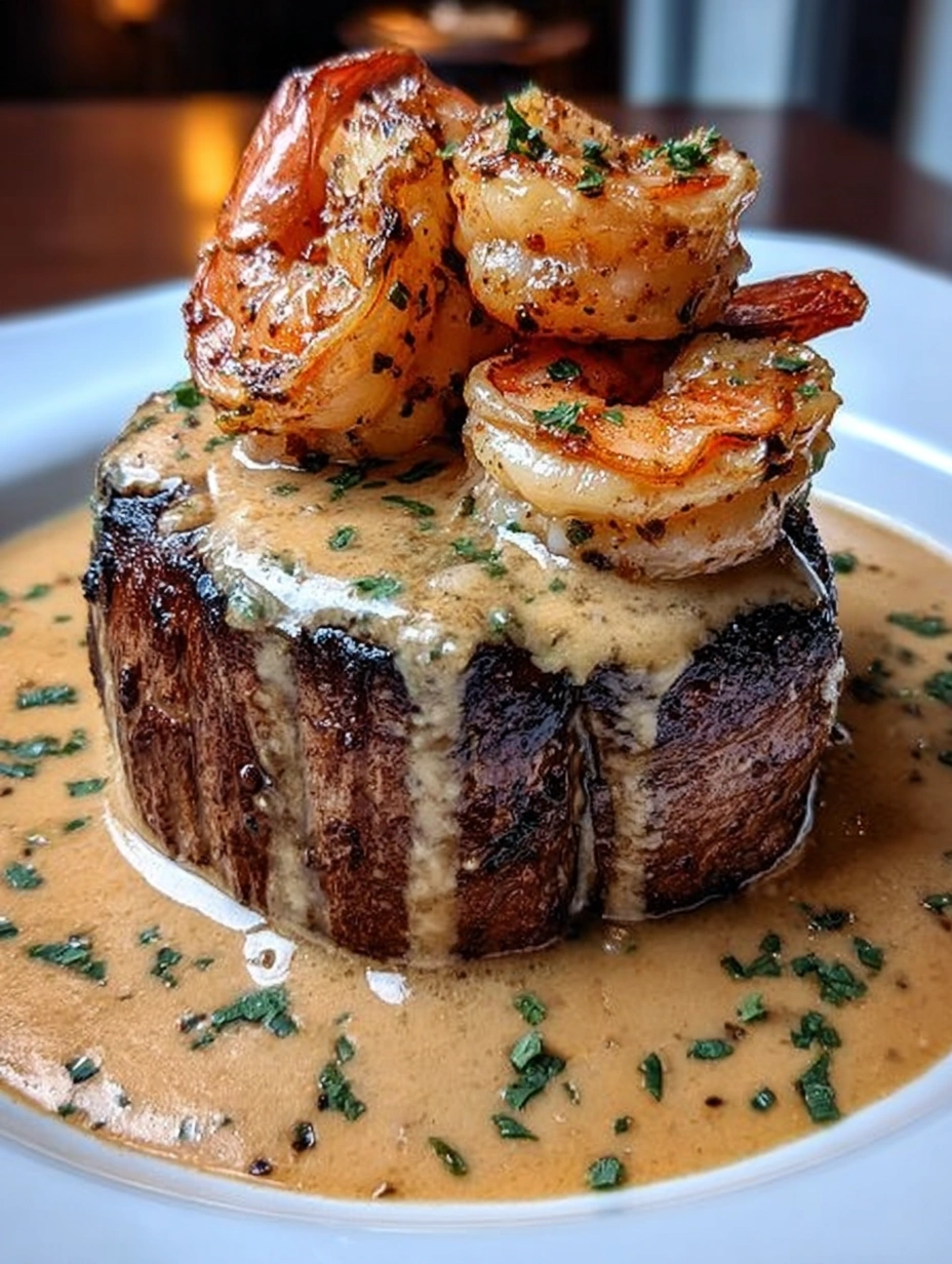 Creamy Garlic Shrimp-Topped Filet Mignon