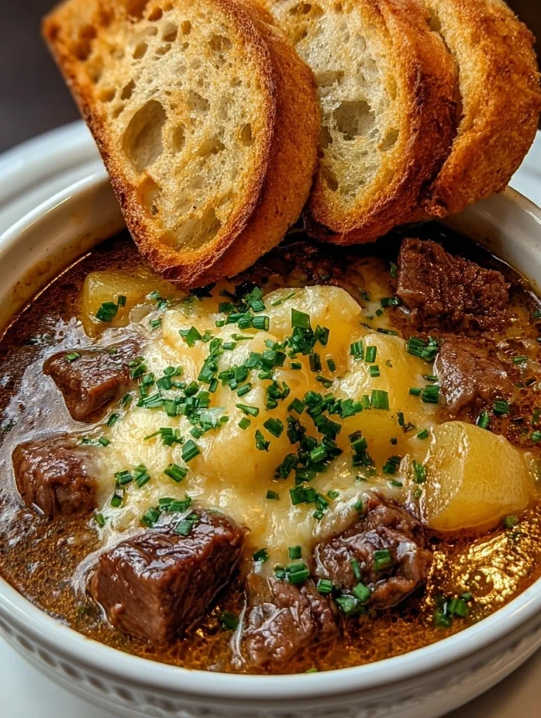 Cheesy Beef and Potato Soup with Toasted Bread