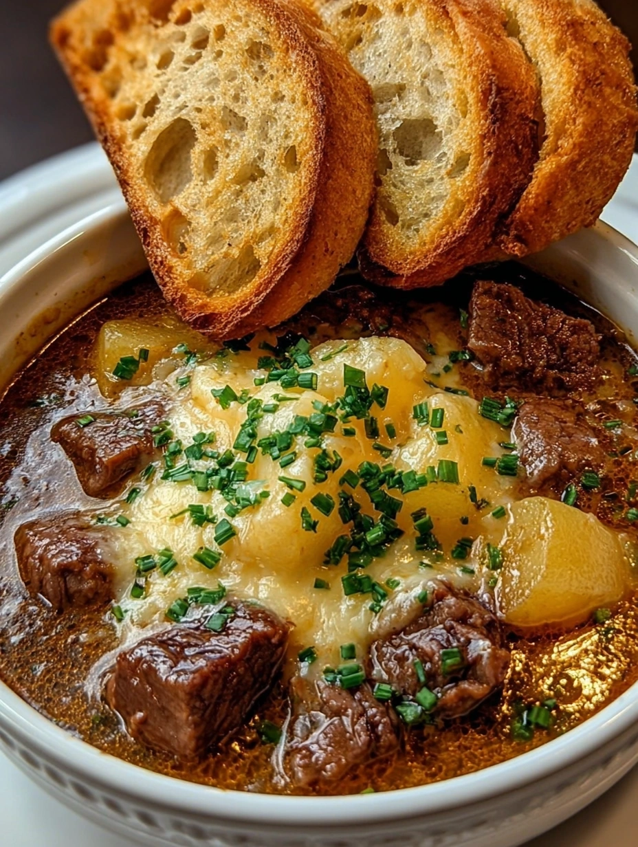 Cheesy Beef and Potato Soup with Toasted Bread