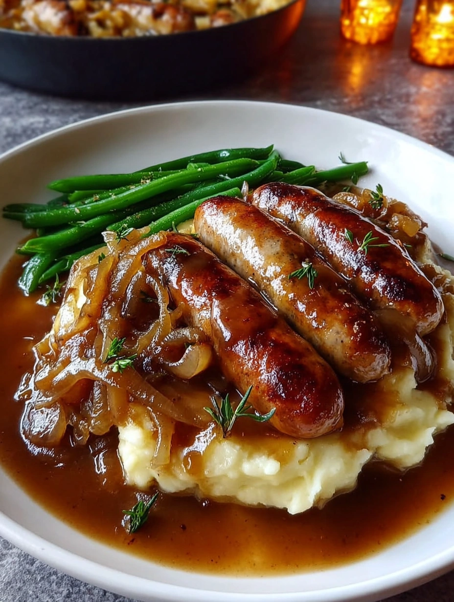 Sausages with Onion Gravy & Mashed Potatoes
