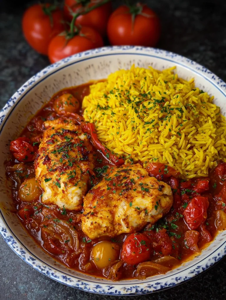 Spanish-Style Chicken in Tomato Pepper Sauce with Yellow Rice
