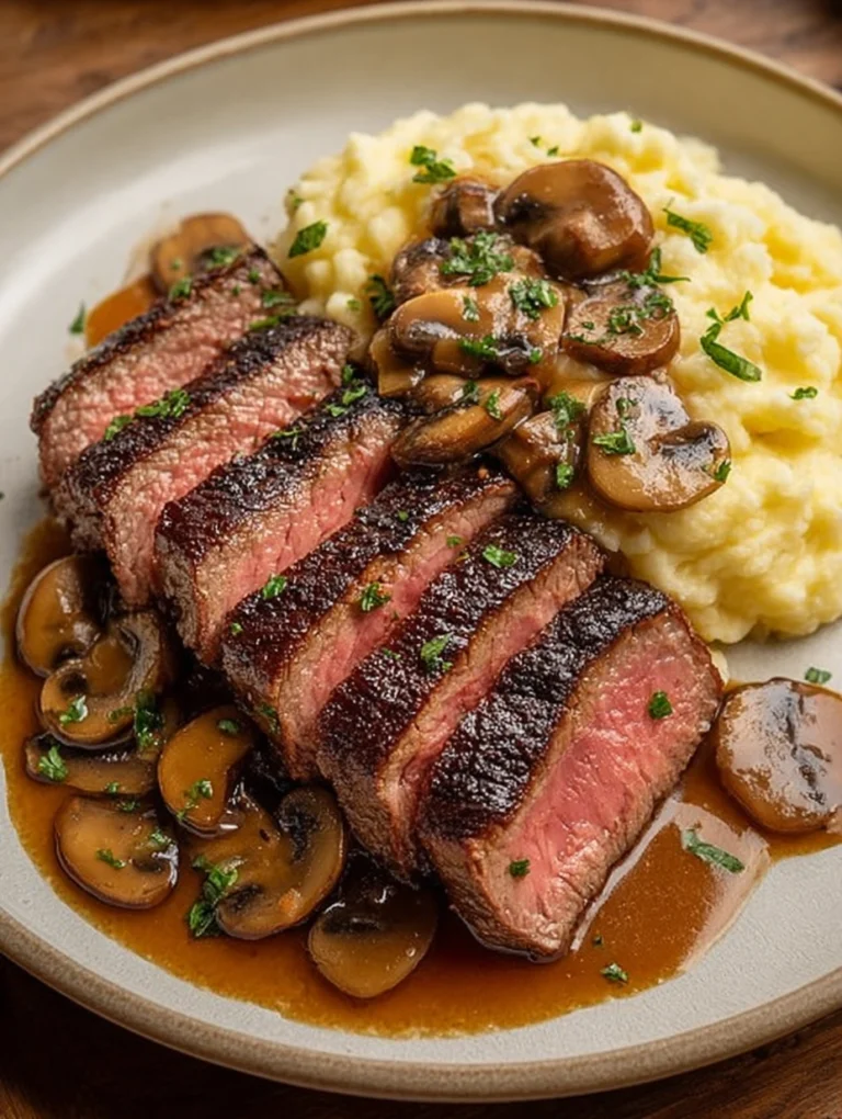 Steak with Creamy Mashed Potatoes and Mushroom Gravy
