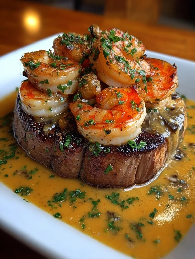 Steak with Garlic Shrimp & Creamy Mushroom Sauce