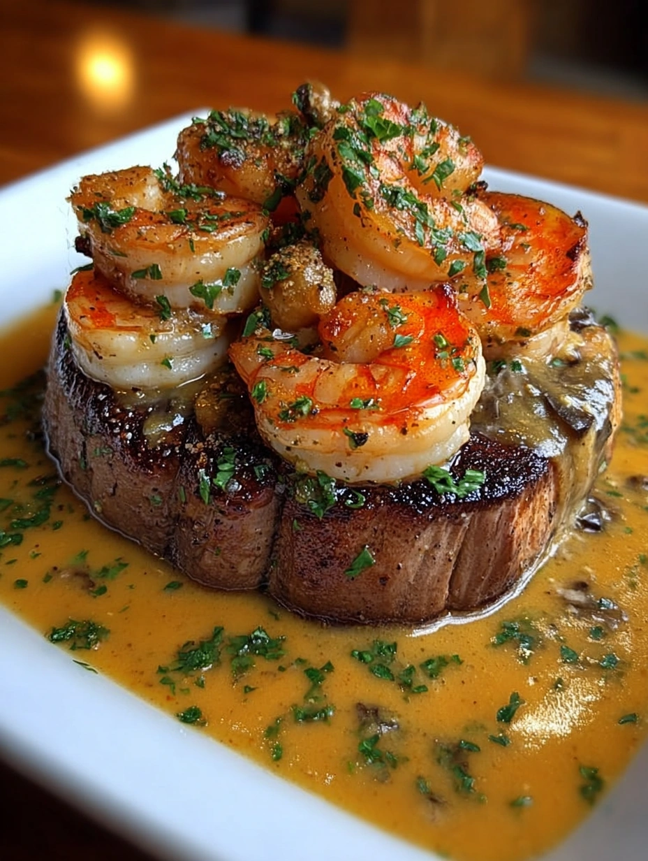 Steak with Garlic Shrimp & Creamy Mushroom Sauce