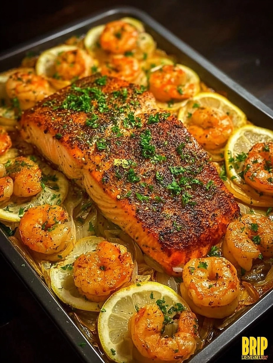 Lemon Garlic Salmon & Shrimp Bake