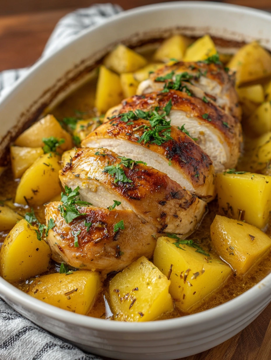 Juicy Roasted Chicken with Potatoes in Garlic Herb Sauce
