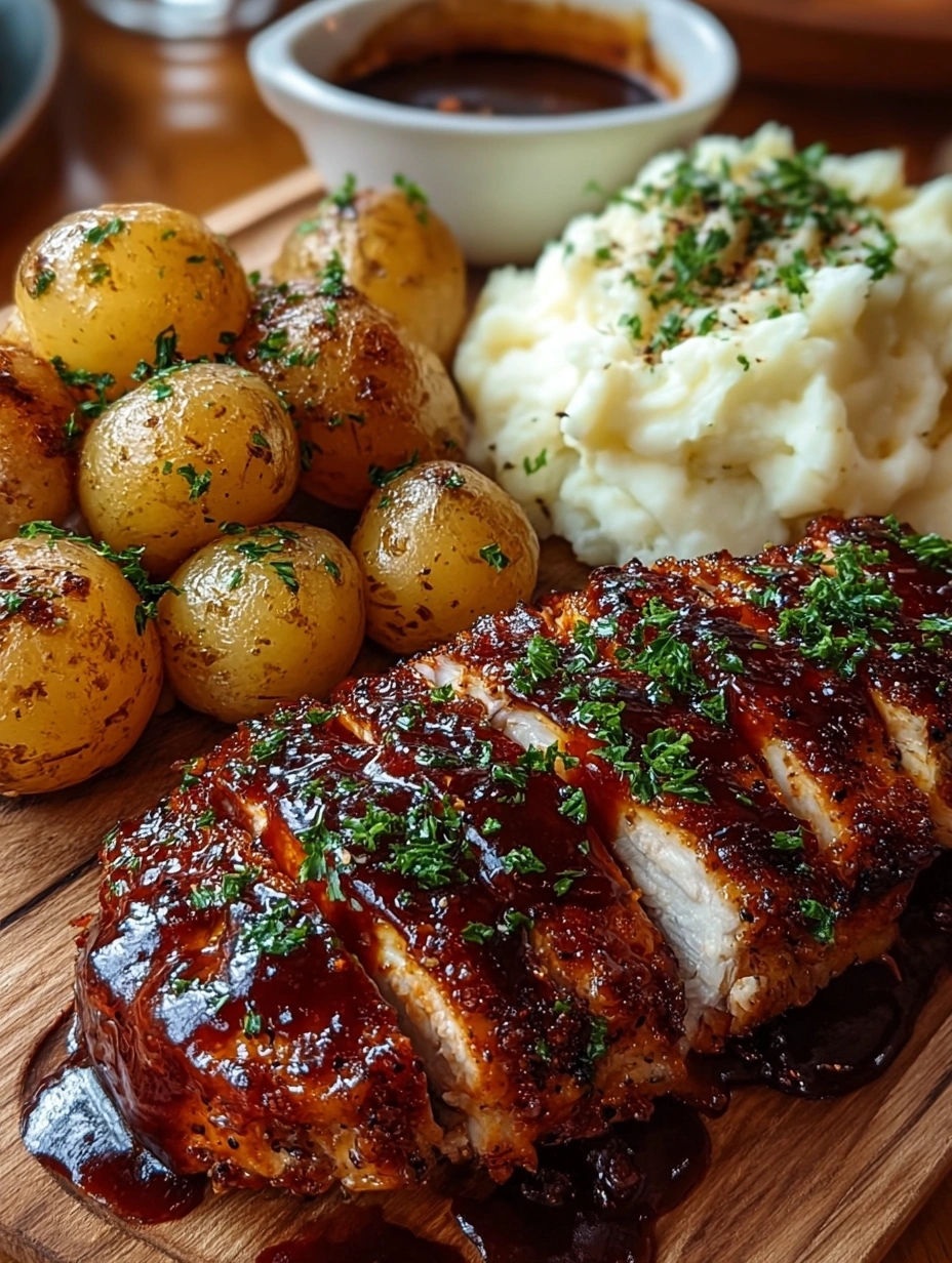Sticky Glazed Chicken with Garlic Baby Potatoes and Mashed Potatoes
