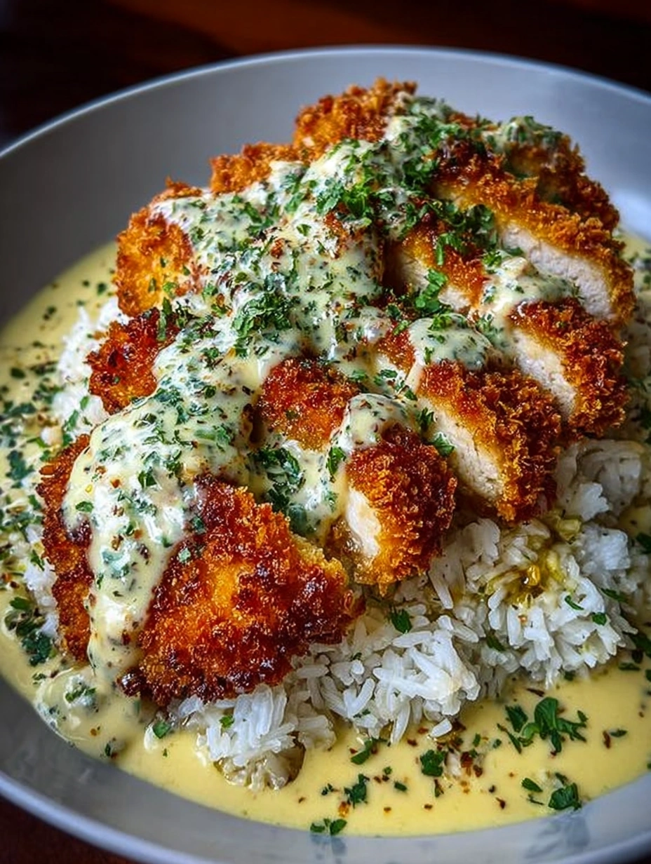 Crispy Chicken with Creamy Garlic Sauce over Rice