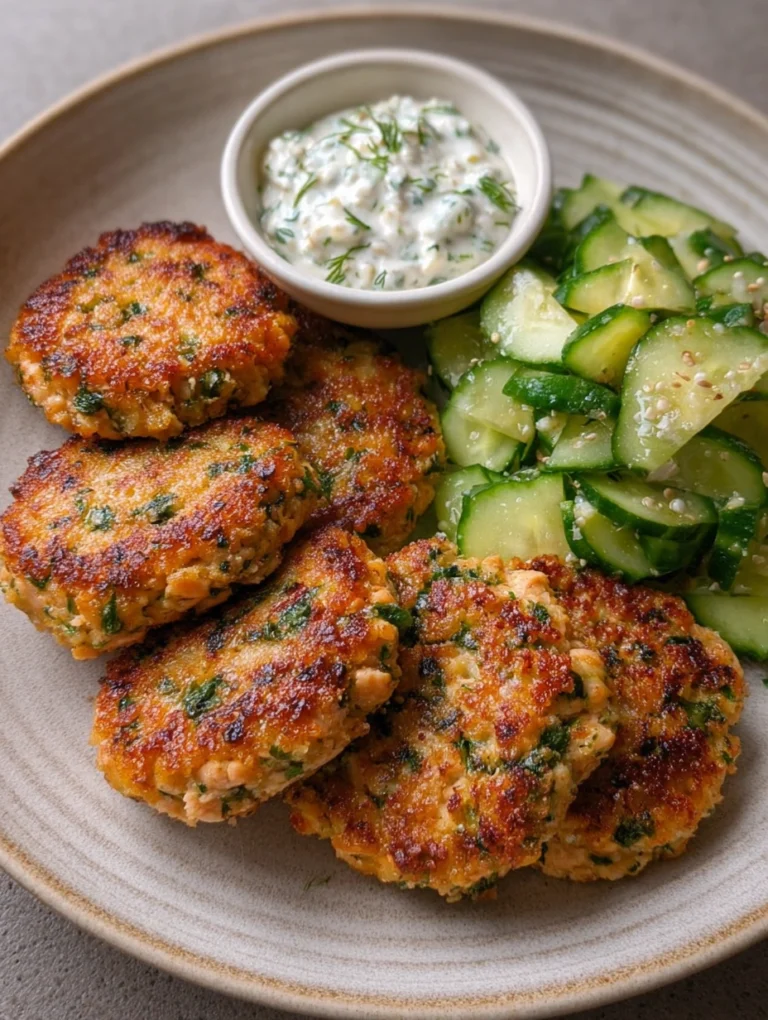 Golden Salmon Patties with Cucumber Salad