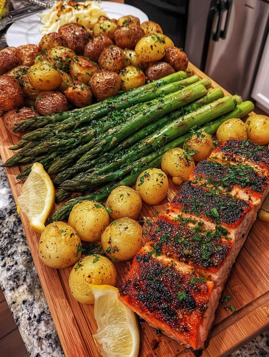 Lemon Garlic Salmon with Roasted Potatoes and Asparagus