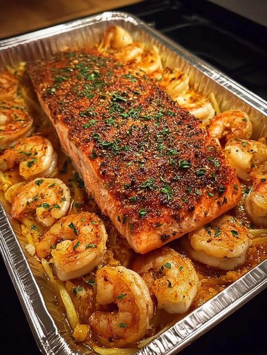 Cajun Butter Salmon and Shrimp Bake
