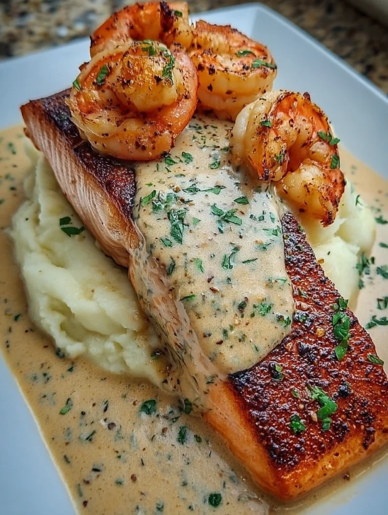 Creamy Garlic Salmon and Shrimp with Mashed Potatoes
