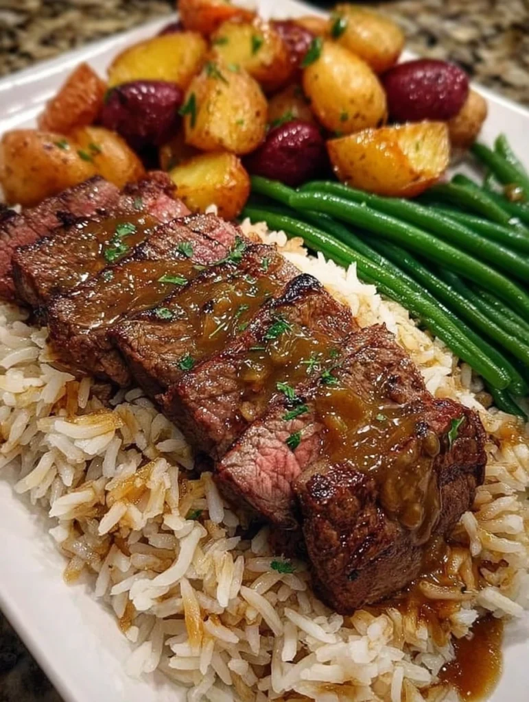 Steak with Onion Gravy Rice, and Green Beans