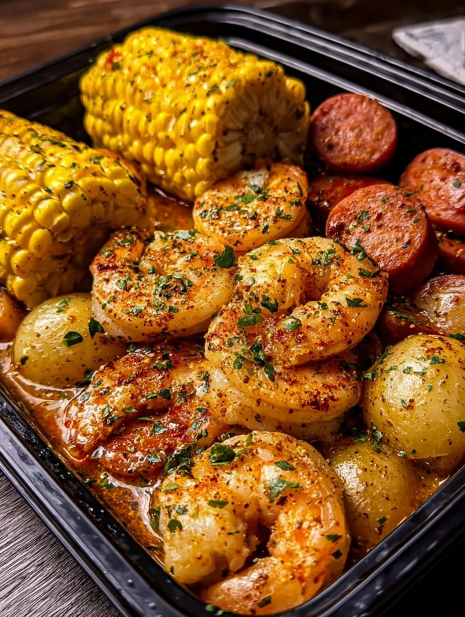 Cajun Shrimp Boil with Sausage, Corn Potatoes and Eggs