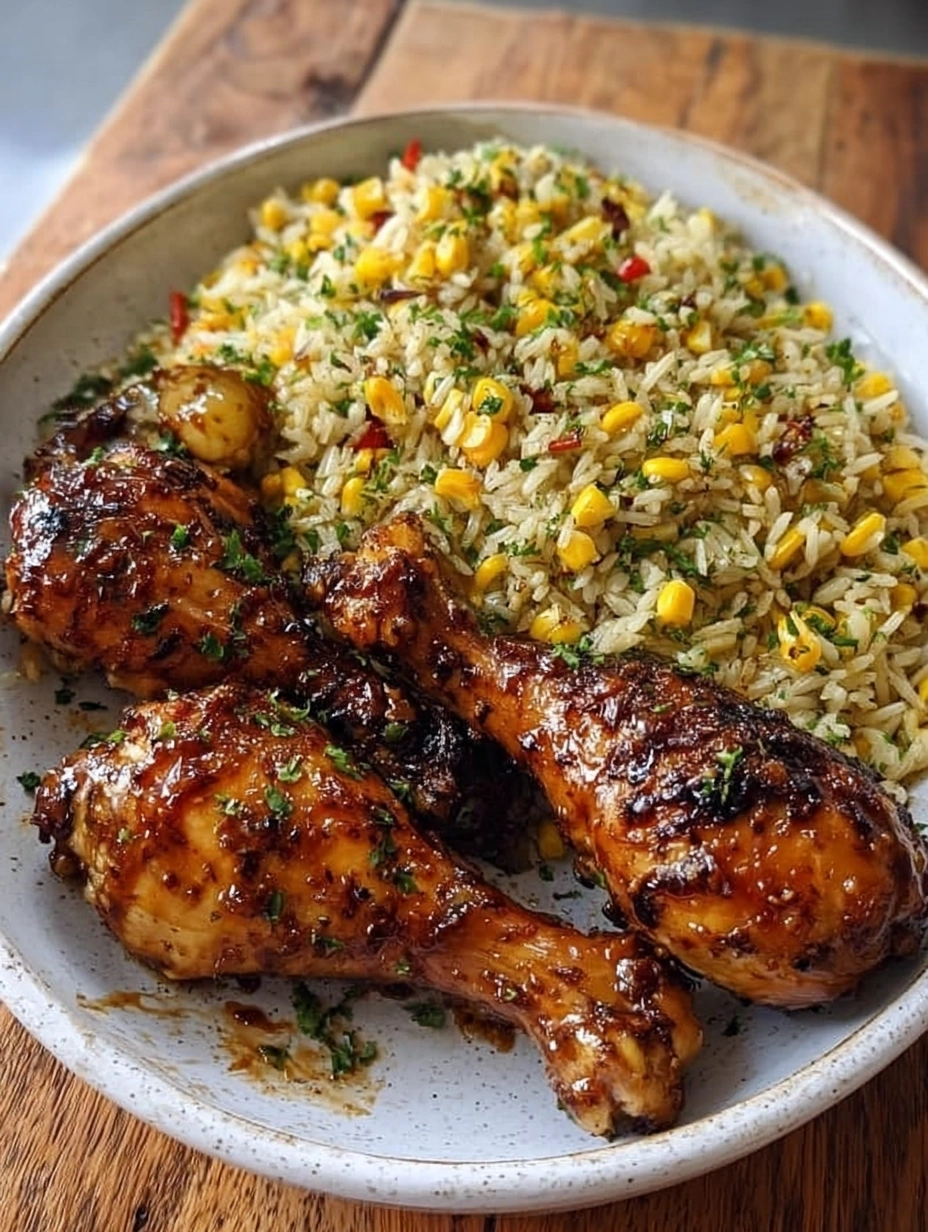 Honey Garlic Chicken Drumsticks with Corn Rice