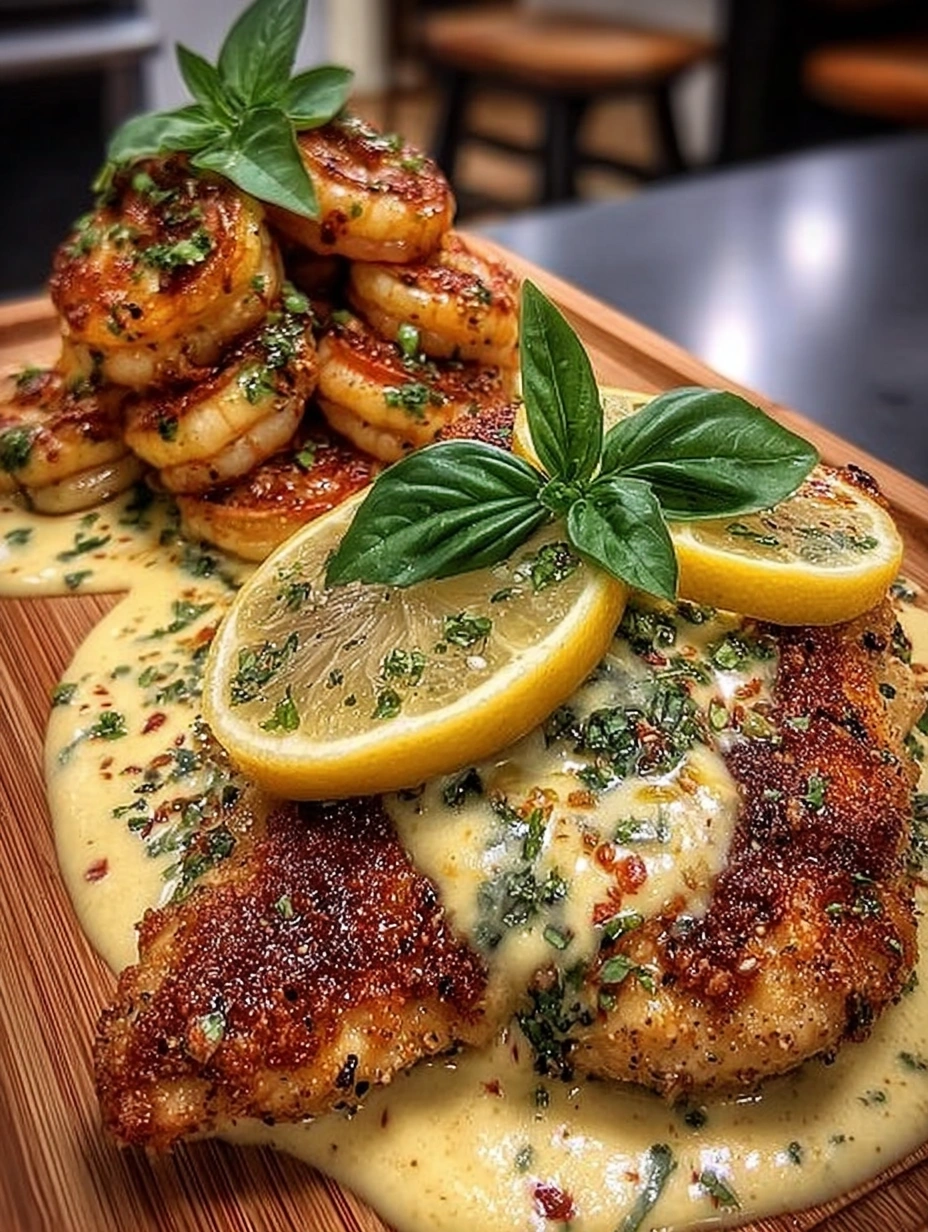 Garlic Butter Shrimp over Creamy Lemon Basil Chicken