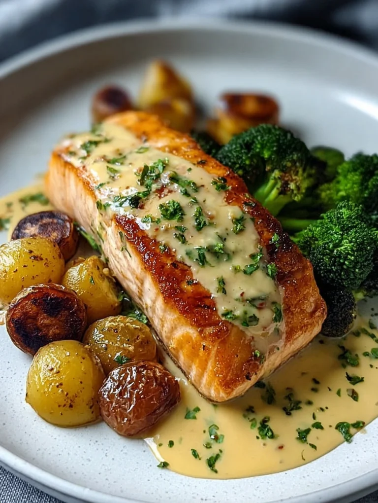 Creamy Garlic Salmon with Roasted Potatoes & Broccoli