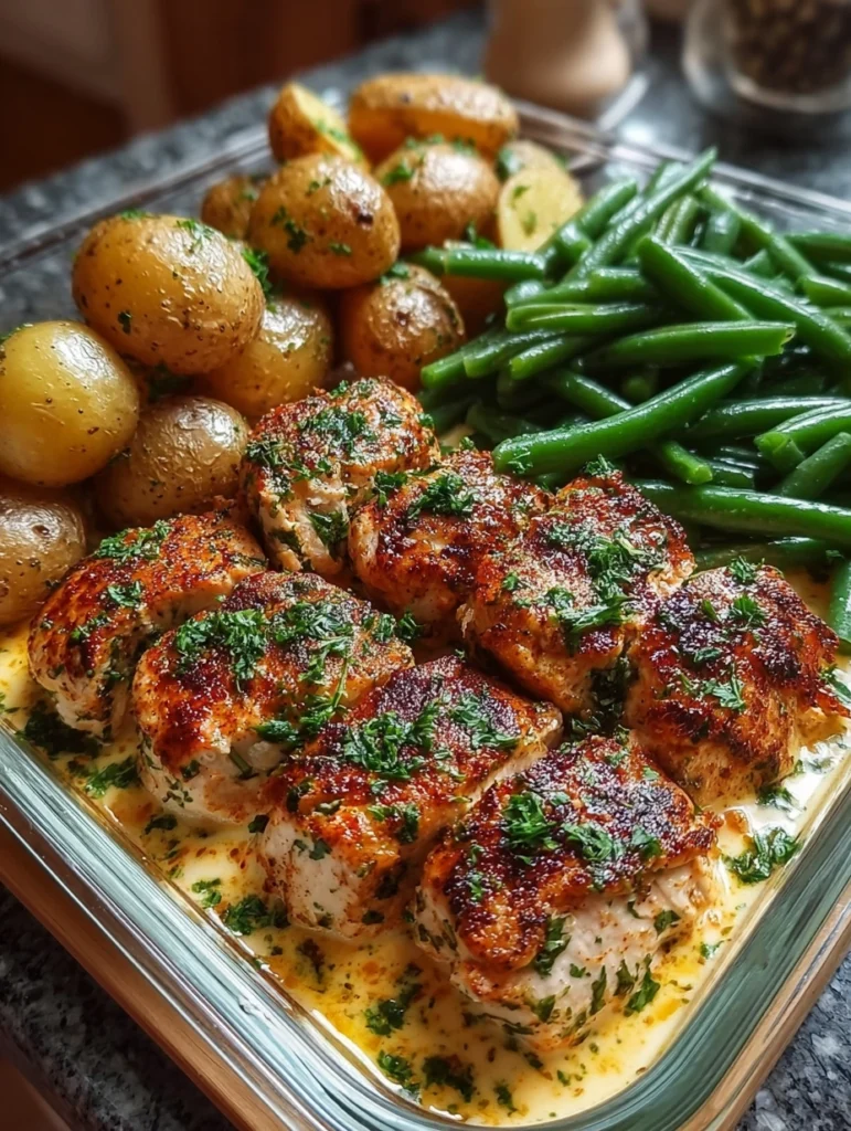 Creamy Herb Chicken Bites with Baby Potatoes and Green Beans