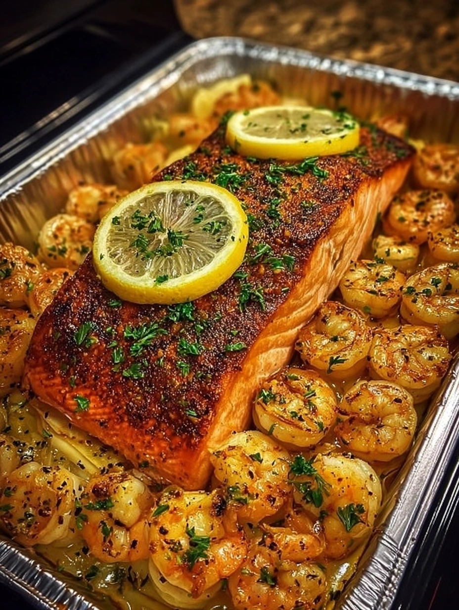 Lemon Garlic Blackened Salmon & Shrimp Tray Bake
