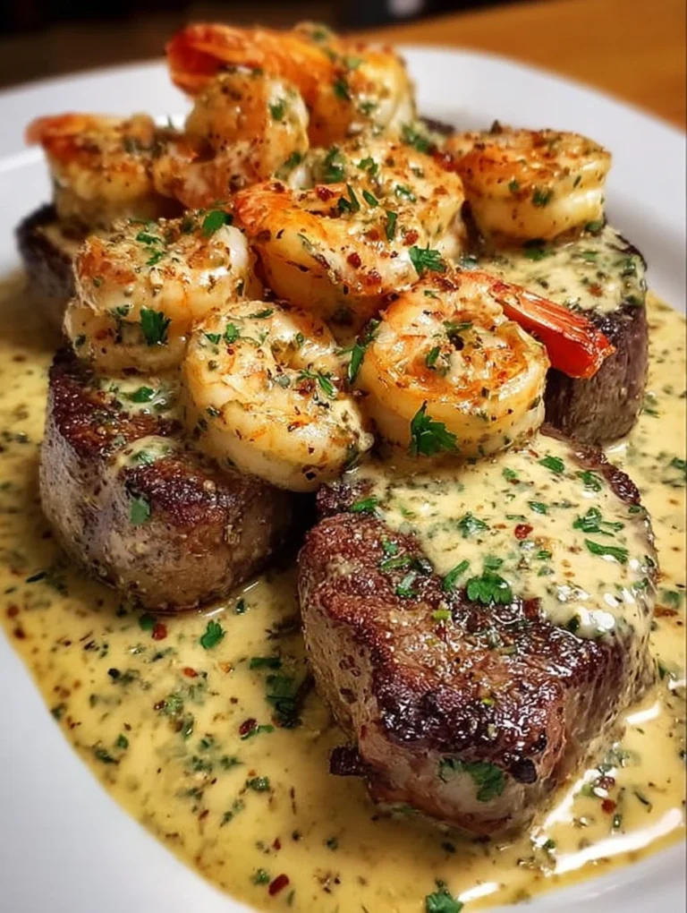 Creamy Garlic Butter Steak Medallions with Shrimp