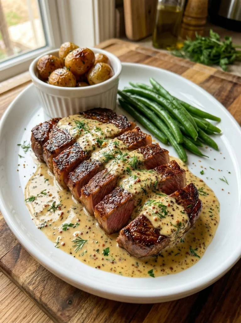 Creamy Mustard Steak with Roasted Baby Potatoes