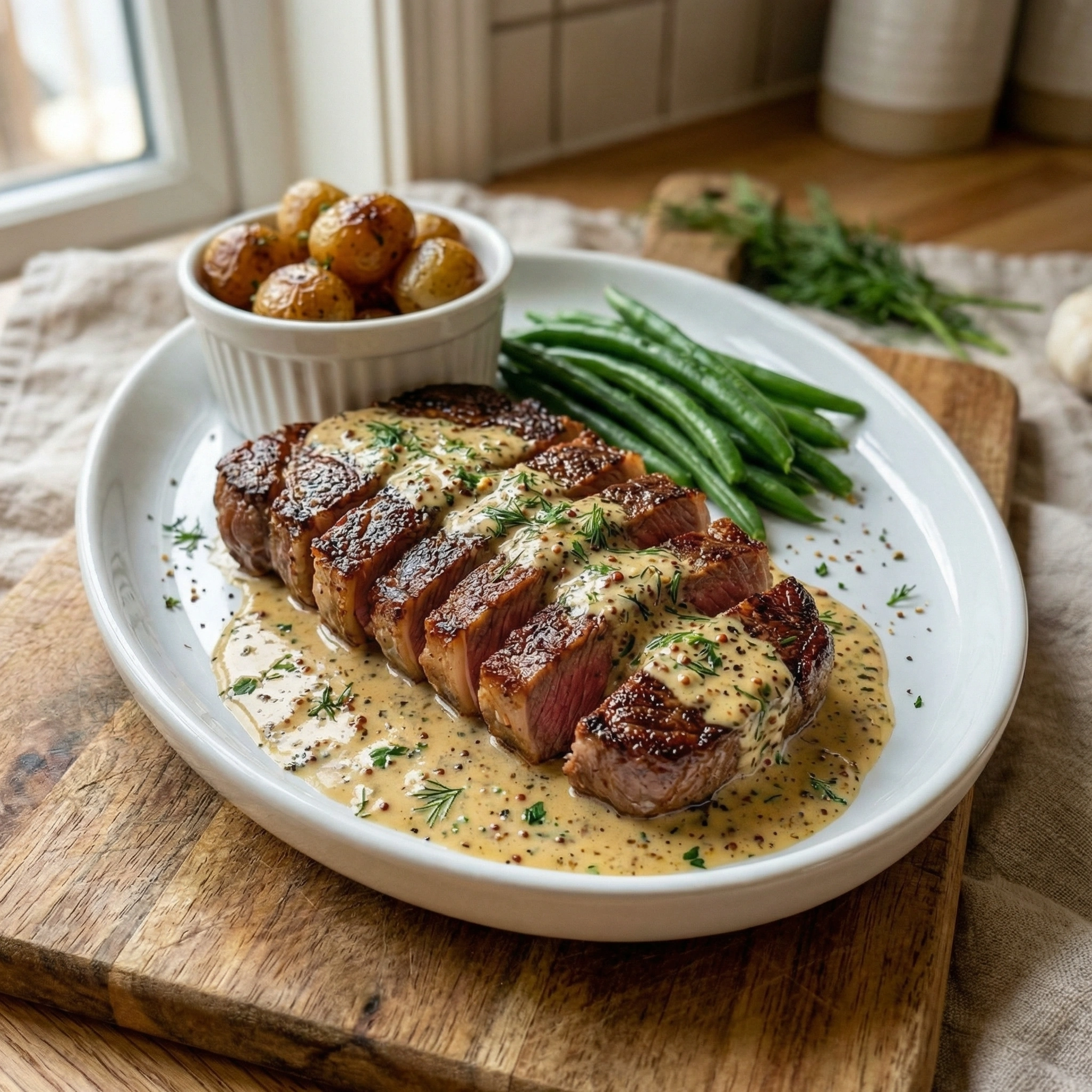 Creamy Mustard Steak with Roasted Baby Potatoes