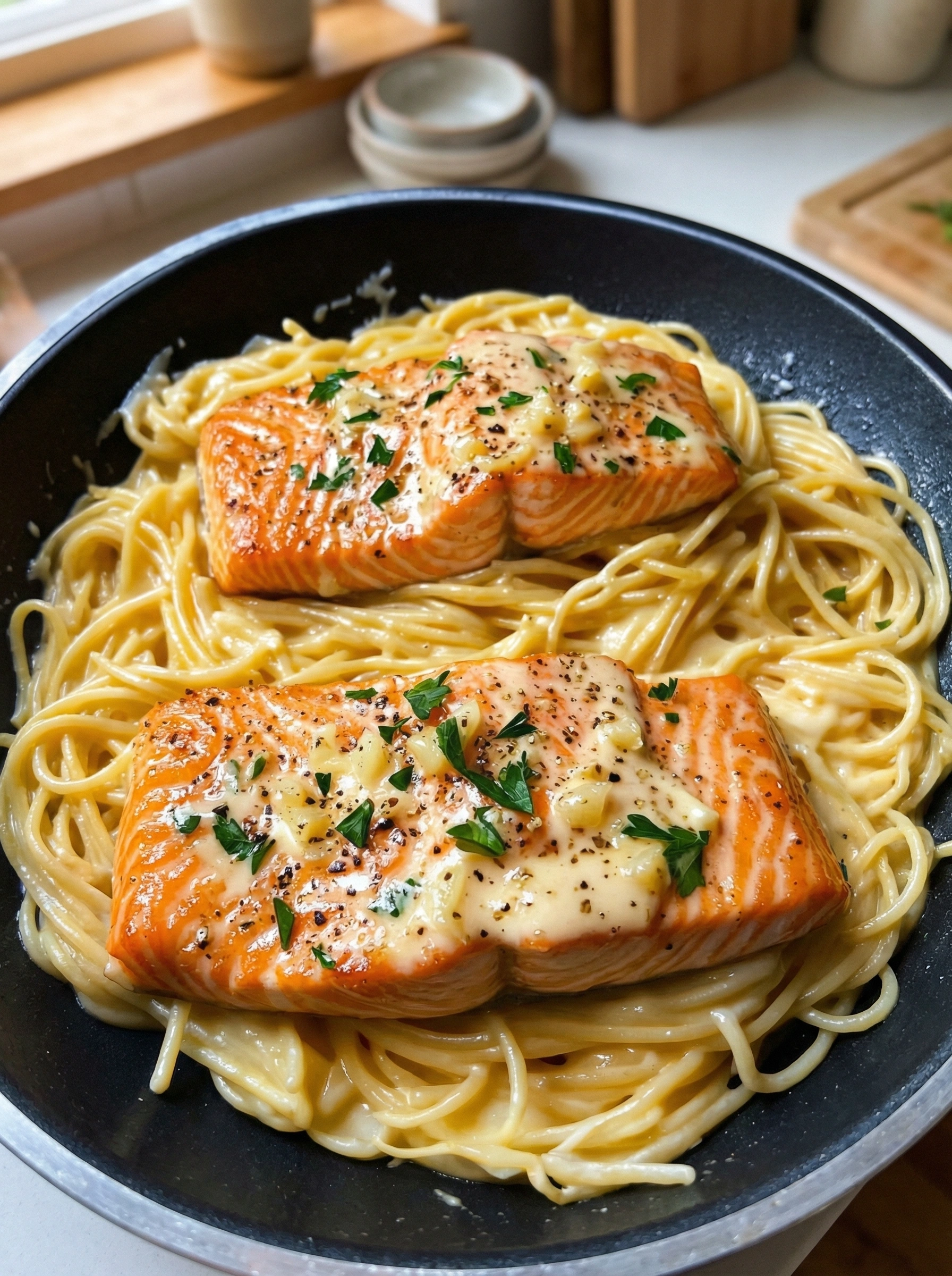Creamy Garlic Parmesan Salmon Pasta